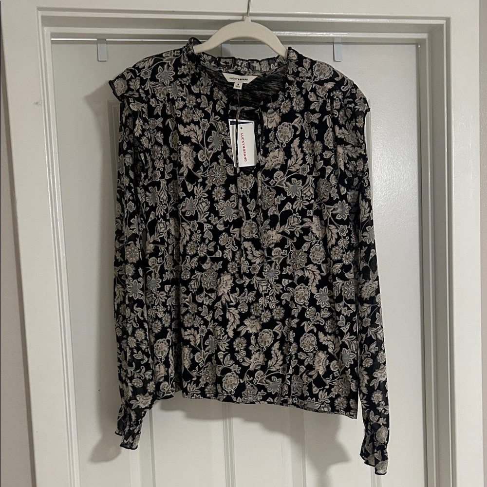 Lucky Brand Black and Cream Floral Blouse